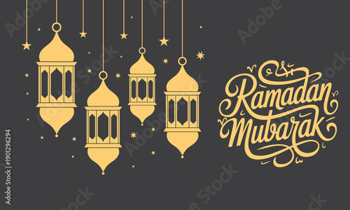 Ramadan Mubarak lanterns and stars on dark background