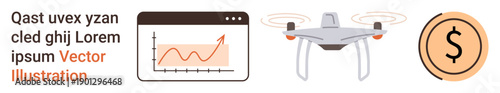 Business growth, financial technology, data analytics, quadcopter delivery solutions, investment, e-commerce. A graph, Quadcopter and a coin symbol. Data analytics and financial technology concept