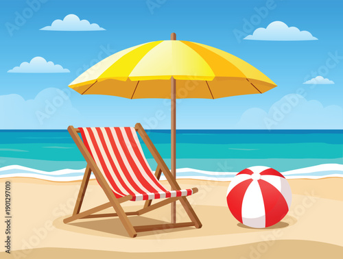 sunny summer beach with a chair, umbrella, and ball