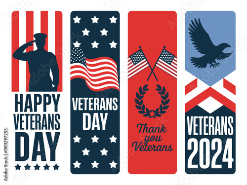 A collection of patriotic banners and signs celebrating Veterans Day with American flags and eagles