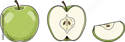 Set of Green Apple Whole, Half, and Slice with Seeds for Fresh Fruit, Healthy Food, Nutrition, and Botanical Vector Illustration.