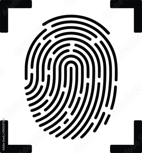 Stylized black vector icon illustrating biometric fingerprint scanning technology for secure personal identification and digital access control on a clean white background.