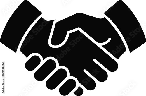 Professional black glyph icon showing a firm business handshake, representing successful partnership, agreement, and mutual trust in a clean, isolated studio setting.