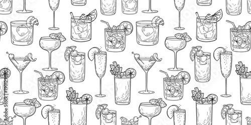 Alcoholic cocktails hand drawn seamless pattern. Vector illustration. Engraved style. Design template.