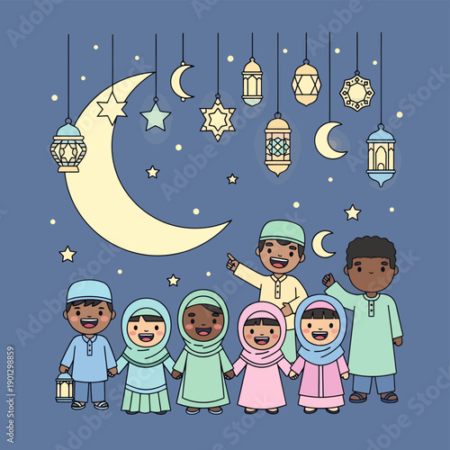 Diverse group of happy children celebrating under a crescent moon, stars, and hanging lanterns, depicting an joyful Islamic festival.