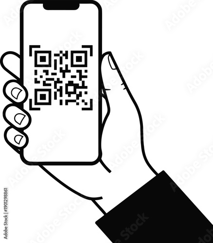 Minimalist black line art illustration of a business hand holding a mobile phone screen showing a QR code for secure digital payment or rapid authentication.