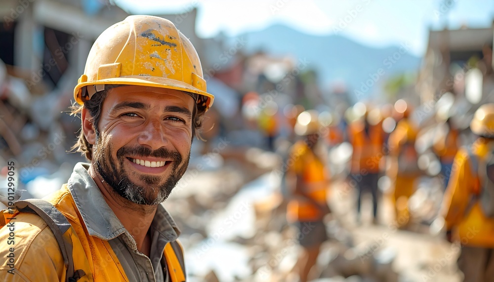 Fototapeta premium Construction Worker Smiling at Camera Site.