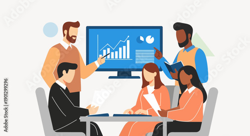 Diverse business professionals engaging in a collaborative meeting, analyzing data, charts, and graphs on a screen for strategic planning and decision-making