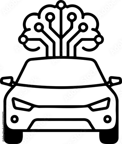 Autonomous Self Driving Car Icon, Smart Vehicle with AI Digital Brain Network, Futuristic Intelligent Transport Vector Line Art