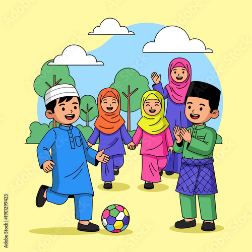 Happy Muslim children and an adult woman in traditional attire playing soccer and enjoying time together outdoors.