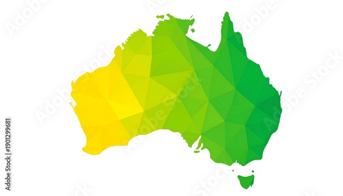 A geometric mosaic representation of the Australian continent, depicted with polygonal shapes in varying shades of green and yellow