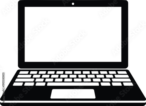 Minimalist black vector icon of an open laptop computer with a blank screen, symbolizing modern digital technology, remote work, online education, and professional computing services.