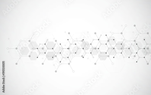 Hexagons pattern on gray background. Genetic research, molecular structure. Chemical engineering. Concept of innovation technology. Used for design healthcare, science and medicine background