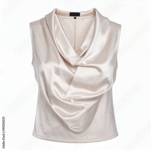 Elegant draped neckline blouse on a pure white backdrop suggesting sophisticated apparel