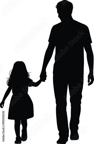 Silhouette of adult holding child’s hand while walking, symbolizing family guidance, parental care, and companionship on white background