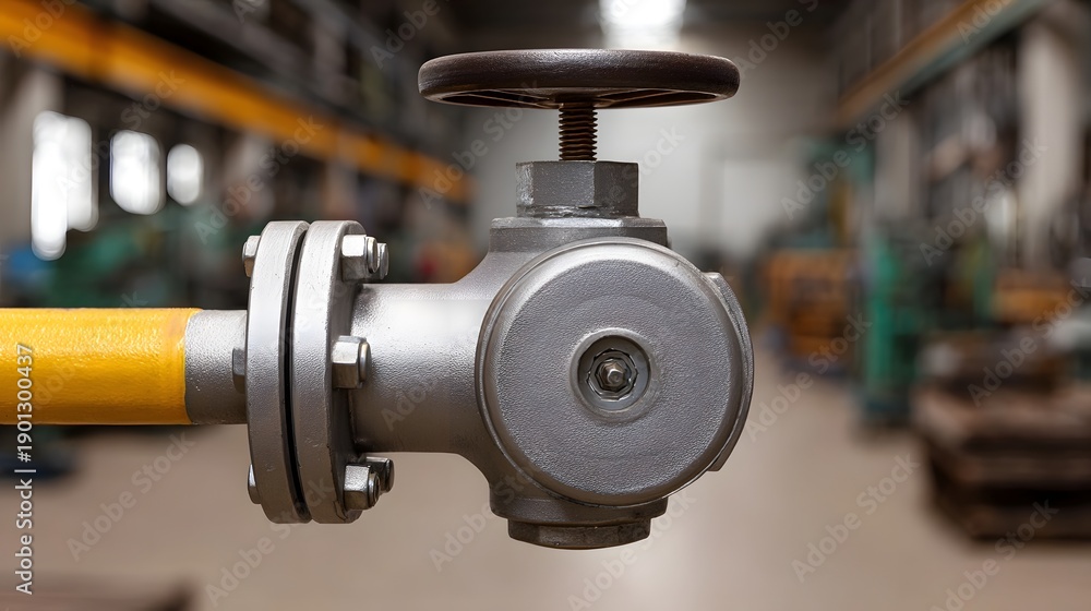 Fototapeta premium Close up of a heavy duty industrial valve on a yellow pipe within a factory setting