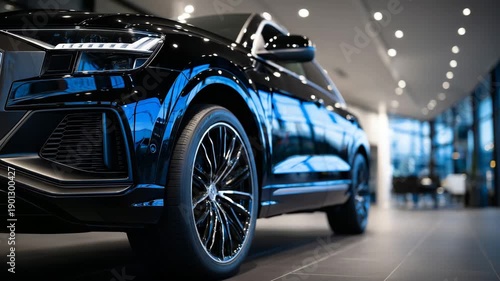 Low-angle close-up of a luxury SUV in a premium car dealership, emphasis on wheel design and lower body lines, dramatic showroom lighting sculpting the vehicle’s form, high-end com