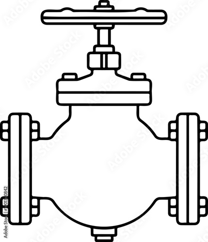 Industrial Globe Valve Icon - Minimalist Line Art Vector of Pipeline Flow Control Valve with Handwheel for Engineering and Manufacturing