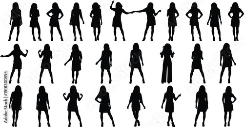 Black silhouettes of women in various poses on white background