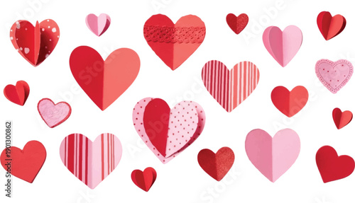 Scattered red and pink hearts drift across a white background, perfect for romantic advertising banners or Valentine's Day designs.
