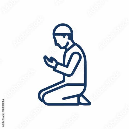 Line art icon of a person kneeling in reverent prayer, depicting devotion and spiritual worship