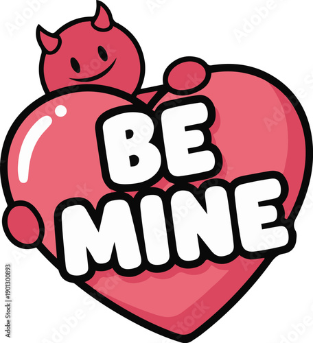 Cute cartoon devil peeking from behind a large pink heart with "Be Mine" typography. Vector illustration suitable for Valentine's Day stickers, greeting cards, and romantic apparel designs.