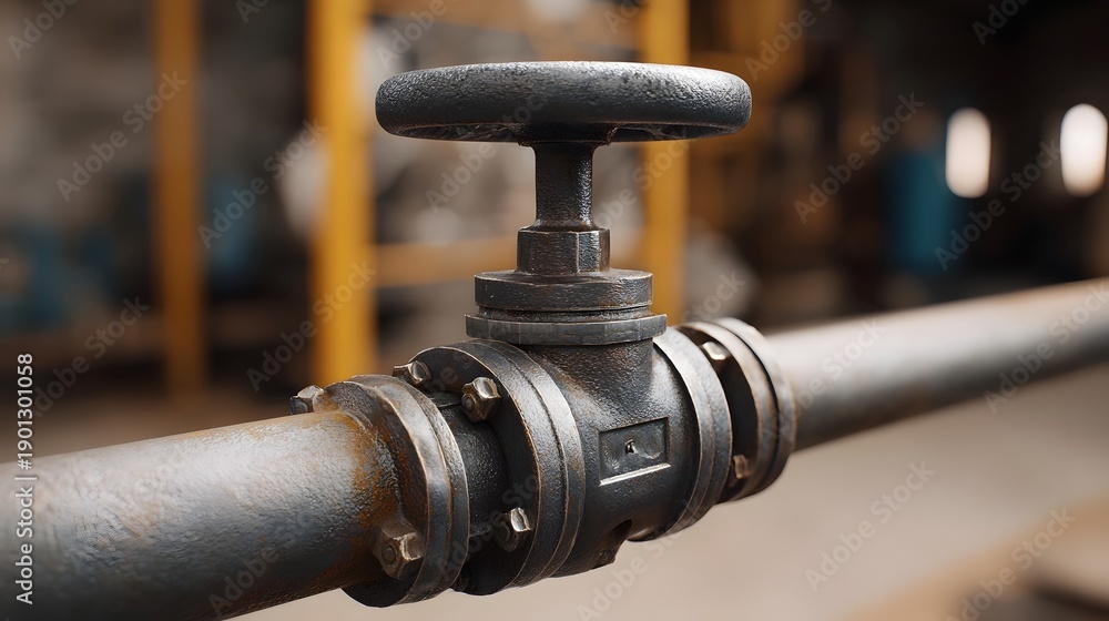 Obraz premium A detailed close up view of a weathered rusty industrial valve with a handwheel attached to a large metal pipeline in a blurred factory environment