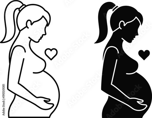 Pregnant women with hearts black and white silhouettes pregnancy woman