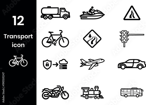 Set of Public Transportation related icons. Minimal flat graphic transport symbol.