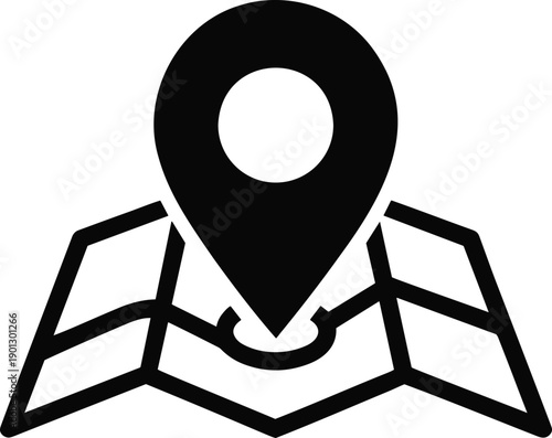 A bold black vector icon illustrating a precise GPS location marker pin dropping onto a stylized folded paper map, symbolizing digital navigation and destination tracking services.