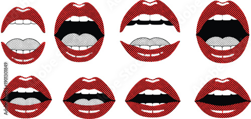 Set of Pop Art Style Female Lips with Halftone Texture and Open Mouth Expressions for Retro Comics, Fashion, Beauty, and Graphic Design.