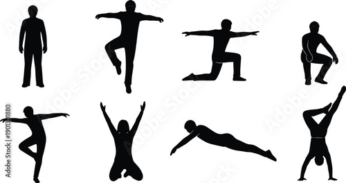 Eight black silhouettes of people in various yoga poses