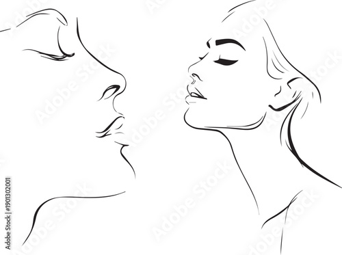 Abstract woman face outline with long hair artistic silhouette design on white background