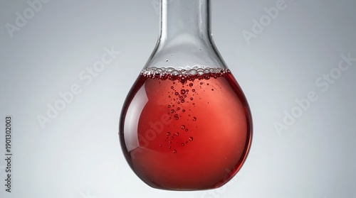 A close-up view of a laboratory flask filled with a red liquid and bubbles