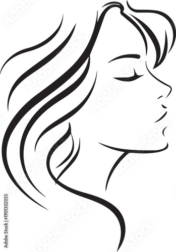 Abstract woman face outline with long hair artistic silhouette design on white background