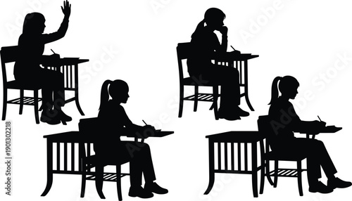 Black silhouettes of schoolchildren sitting at desks and one raising hand classroom