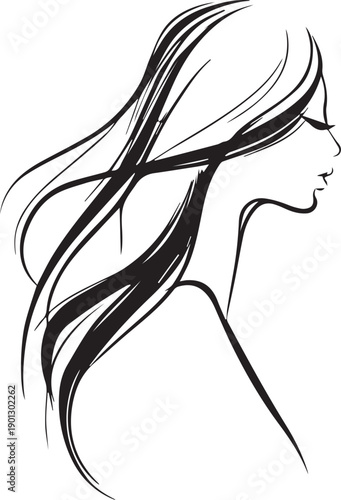 Abstract woman face outline with long hair artistic silhouette design on white background