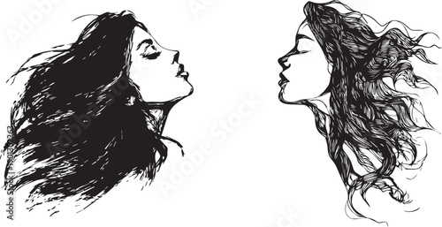 Abstract woman face outline with long hair artistic silhouette design on white background