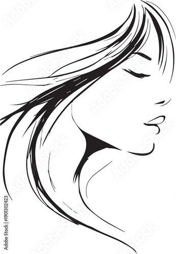 Abstract woman face outline with long hair artistic silhouette design on white background