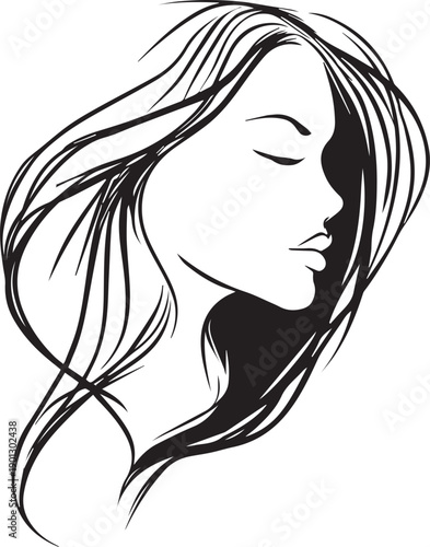 Abstract woman face outline with long hair artistic silhouette design on white background