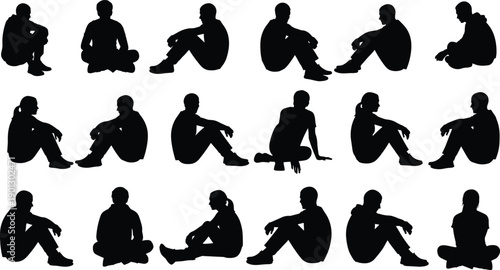 Black silhouettes of people sitting in various poses