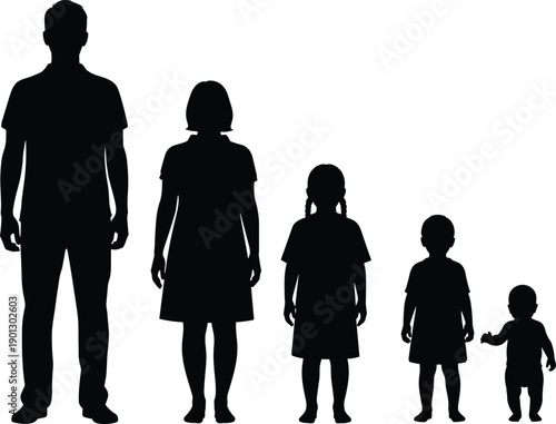 Black silhouettes of family with one man one woman and three children standing in line on white background