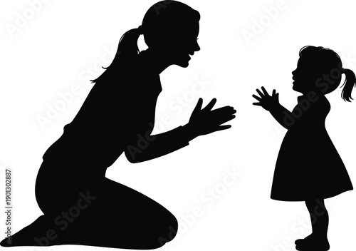 Silhouette of adult kneeling with raised hands toward child, symbolizing family care, bonding, and joyful communication on white background