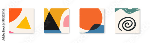 Set of four minimalist abstract art prints featuring geometric and organic hand-drawn shapes in vibrant colors for contemporary home decor.