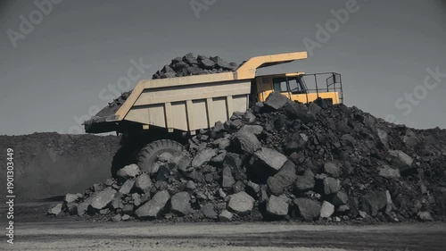 Massive yellow mining dump truck hauling dark ore or coal across a bleak industrial landscape under a gray sky.