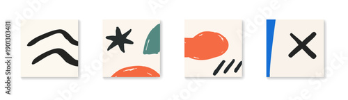 Set of four minimalist abstract art square cards featuring organic shapes and hand-drawn lines in a contemporary style.