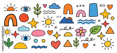 Hand-drawn collection of colorful boho doodle elements featuring suns, hearts, eyes, and geometric shapes in a minimalist flat vector style.
