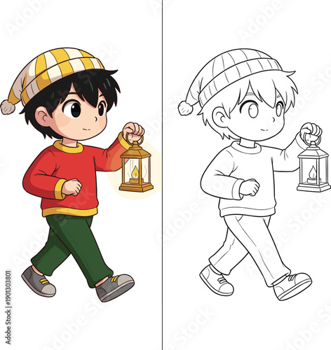 Comparison Set of a Cute Cartoon Boy Holding a Lantern in Full Color and Black and White Line Art for Islamic Holiday Character Design and Coloring Page