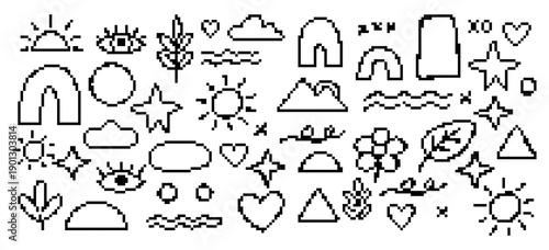 Set of black and white pixel art icons featuring aesthetic symbols like stars, suns, hearts, and eyes in a minimalist retro style.