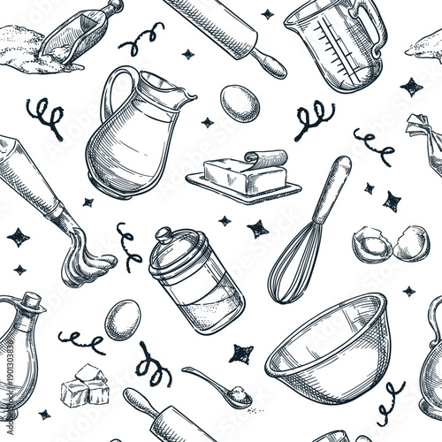 Vector seamless pattern with hand drawn sketch baking ingredients, kitchen utensil. Bakery, culinary background design